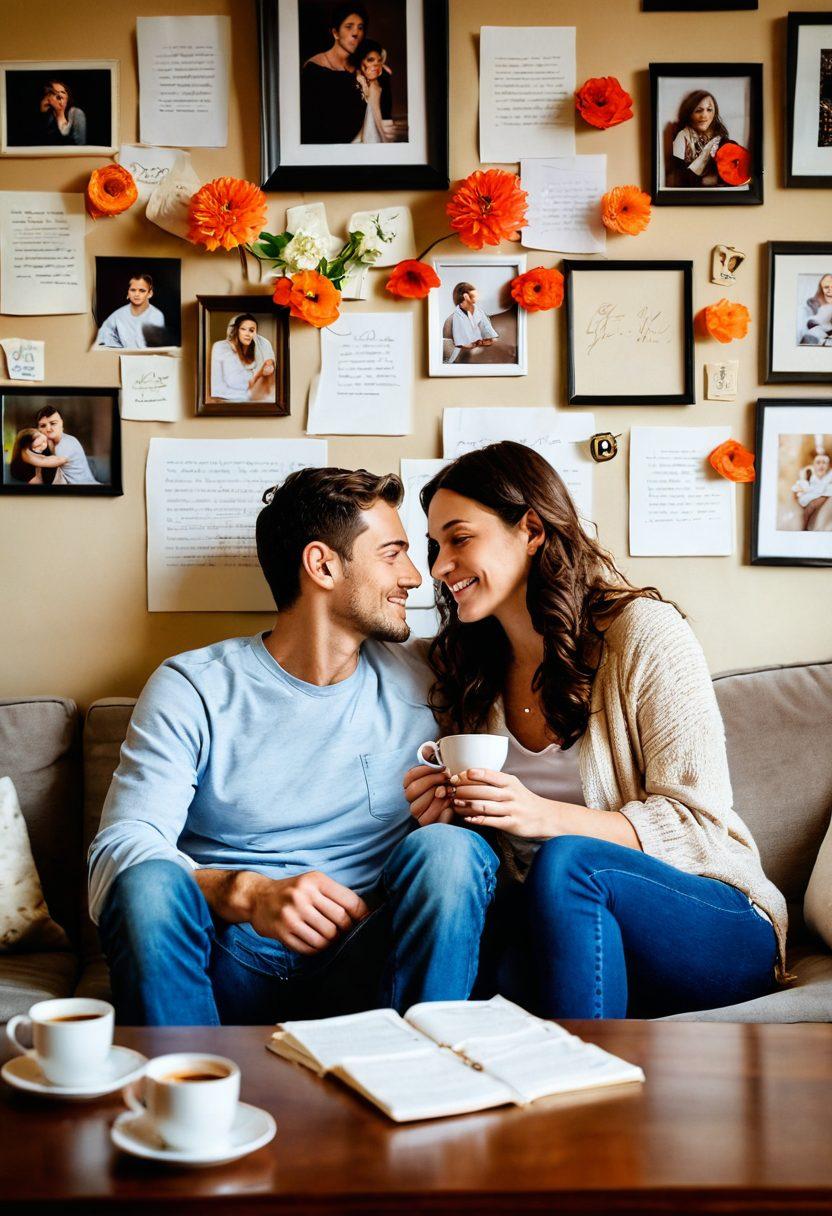 A warm, inviting scene depicting a couple sitting together on a cozy couch, sharing a heartfelt moment with soft smiles and intertwined hands. In the background, a wall adorned with framed love letters and family photos, symbolizing lasting relationships. Gentle, ambient lighting creates a romantic atmosphere, complemented by a vase of fresh flowers on a coffee table. The overall tone is inviting and affectionate, emphasizing connection and intimacy. super-realistic. warm colors. cozy setting.