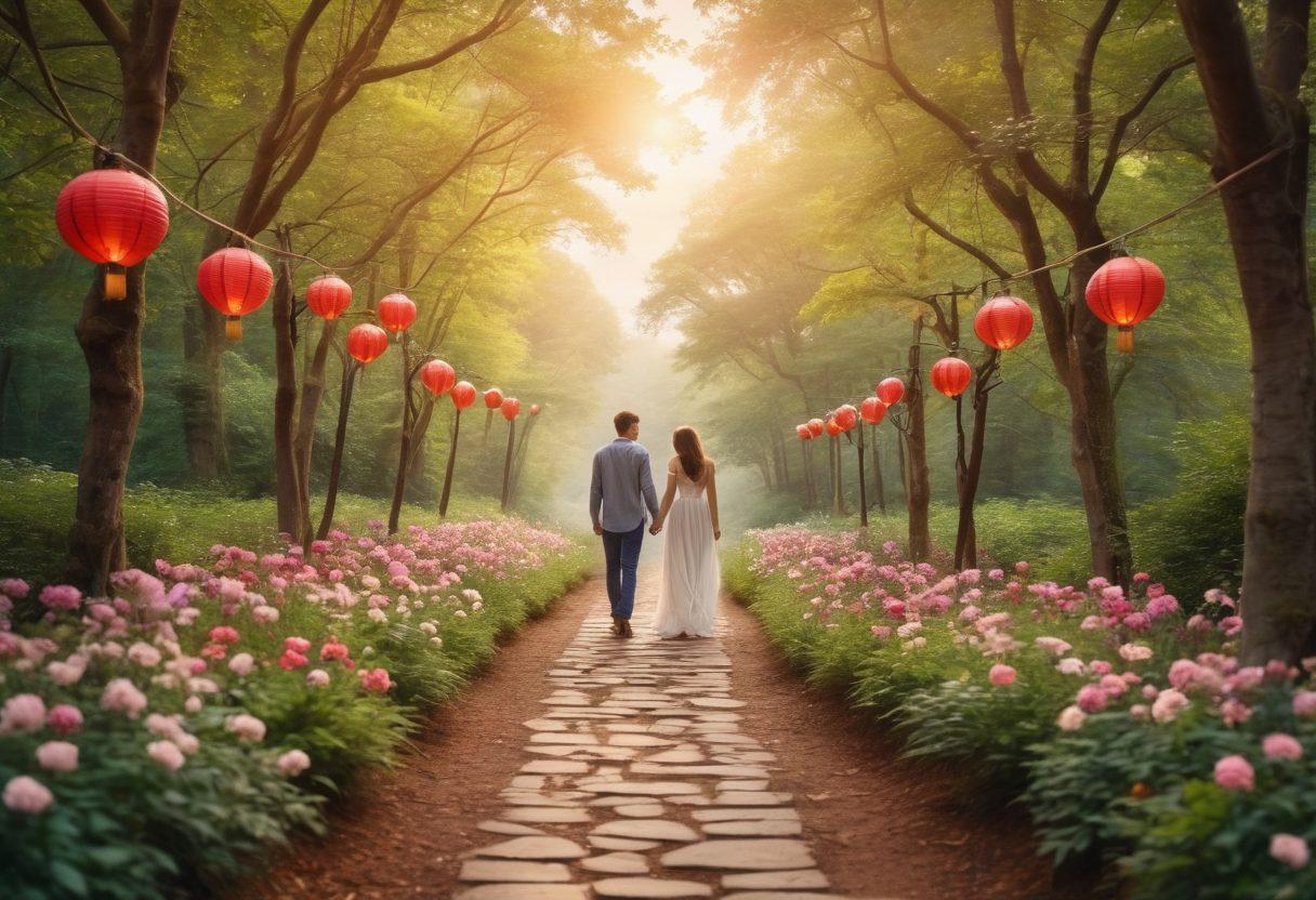 A picturesque pathway winding through a lush, vibrant forest, symbolizing the journey of love, lined with heart-shaped lanterns illuminating the way. In the distance, a couple holding hands, gazing into each other's eyes, surrounded by blooming flowers representing commitment. Soft, dreamy clouds above with gentle sunlight filtering through the trees. romantic style, vibrant colors, soft focus.