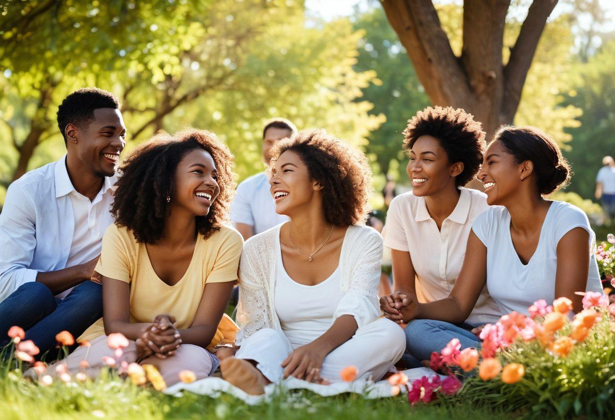 A warm, inviting scene of diverse people gathering in a sunlit park, sharing laughter and enjoying moments of connection; vibrant flowers surrounding them symbolize blooming relationships, with subtle heart motifs in the sky. The atmosphere exudes joy, support, and togetherness. soft focus. vibrant colors. warm tones.